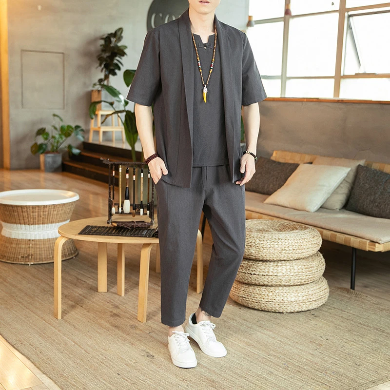 Men Outfit Set 2022 Men's Fashion Clothing Cotton Linen Oversize Men Suit Solid Fake Two T shirt