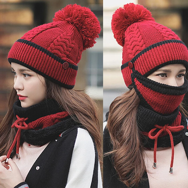 

New Fashion Autumn Winter Women's Hat Caps Knitted Warm Scarf Windproof Multi Functional Hat Scarf Set Clothing Accessories Suit