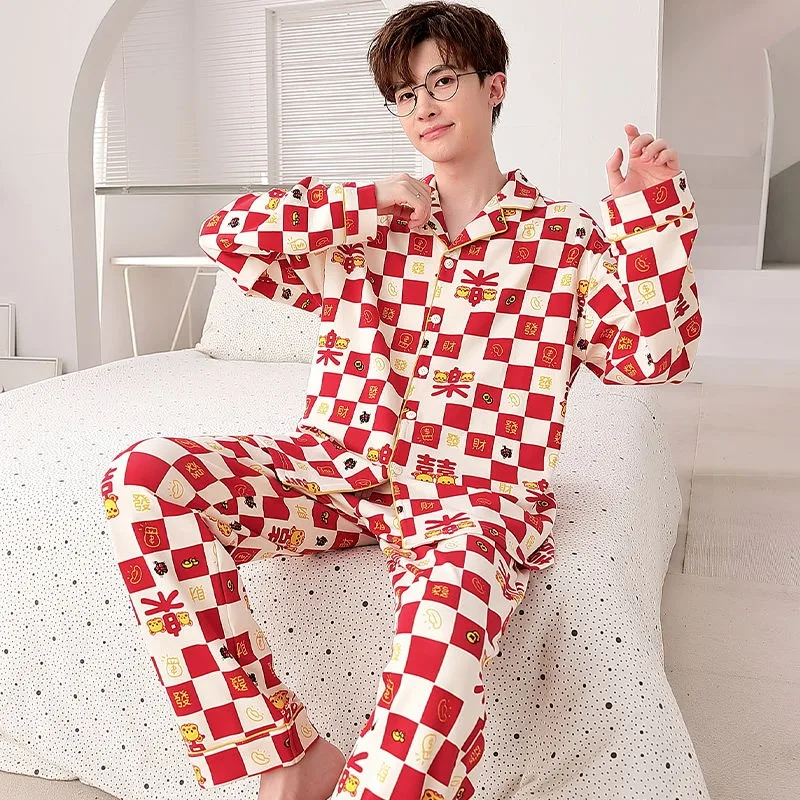 new men spring pajamas long sleeve imitation silk pyjamas loose plus nightdress thin ice silk sleepwear lapel simple home wear Spring Plus Size Pajamas Men Long Sleeve Cotton Pyjamas Lapel Print Sleepwear Red Plaid Nightdress Festive Wedding Home Wear Set