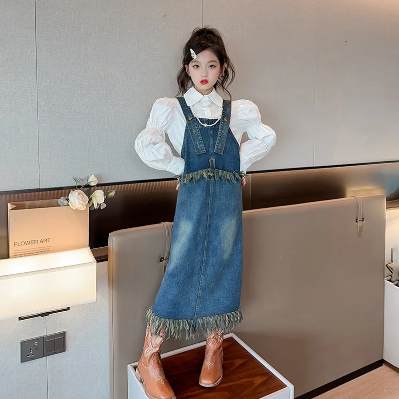 

Комплект джинсовой юбки для девочек-подростков; Осенняя детская белая блузка; Комплект модной одежды из двух предметов для детей 10, 12, 13, 14 лет