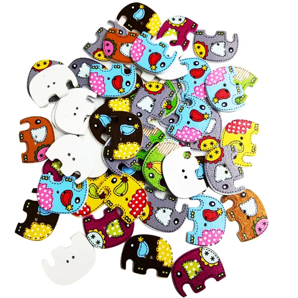 50 Pieces Assorted Color Elephant Shape Wooden Flat 2 Holes Buttons for Sewing Crafts Scrapbooking 3
