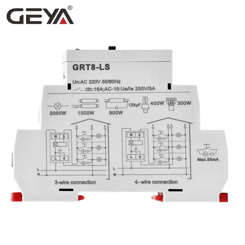 GEYA GRT8-LS/LM Din rail Staircase Timer Switch Corridor Lighting Timer 230VAC 16A 0.5-20mins Delay off Relay Light Switch 3