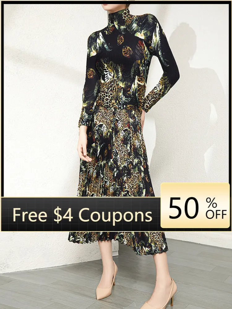 

Miyake pleated fashion high-quality suit women's autumn new printed leopard print top high-end fashion skirt two-piece set