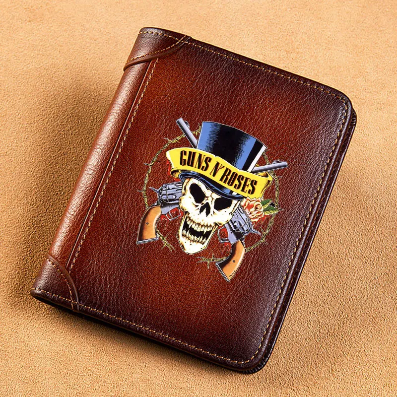 

High Quality Genuine Leather Men Wallets Gun Roses Skull Printing Short Card Holder Purse Billfold Men's Wallet