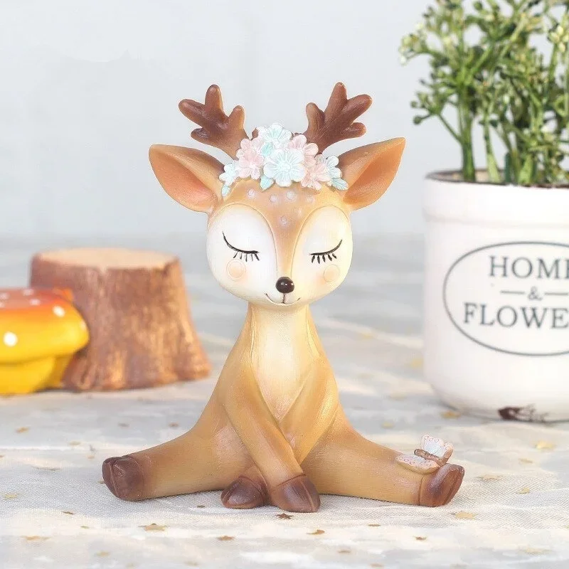 

4 Styles Natural Resin Sika Deer Ornaments Mini Cartoon Animal Crafts Cute Home Party Desktop Cake Decor Birthday Baking Holiday