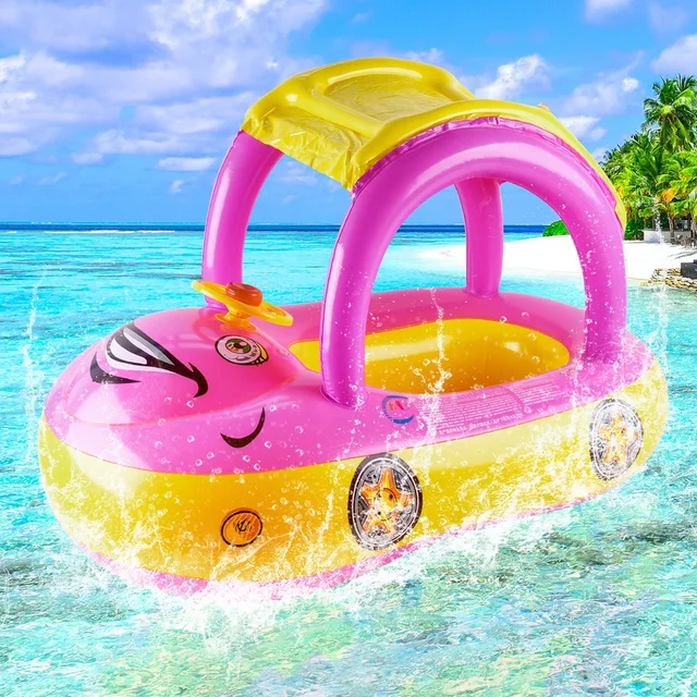 Baby Car Shape Toddler Pool Float Children's Inflatable Swim Ring with Sunshade Swimming Pool Toy for Kids Summer Water Fun 3