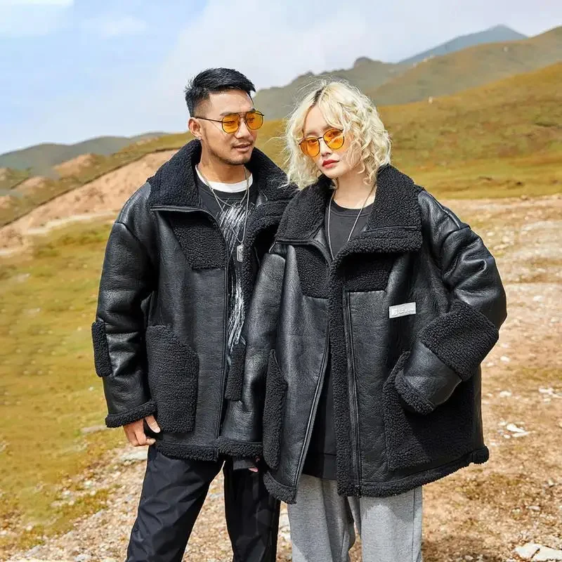 Description Picture 5 of itemMen Parka Large Size Men's Fashion Brand New Lamb Hair PU Leather Jacket Autumn and Winter Fat Top