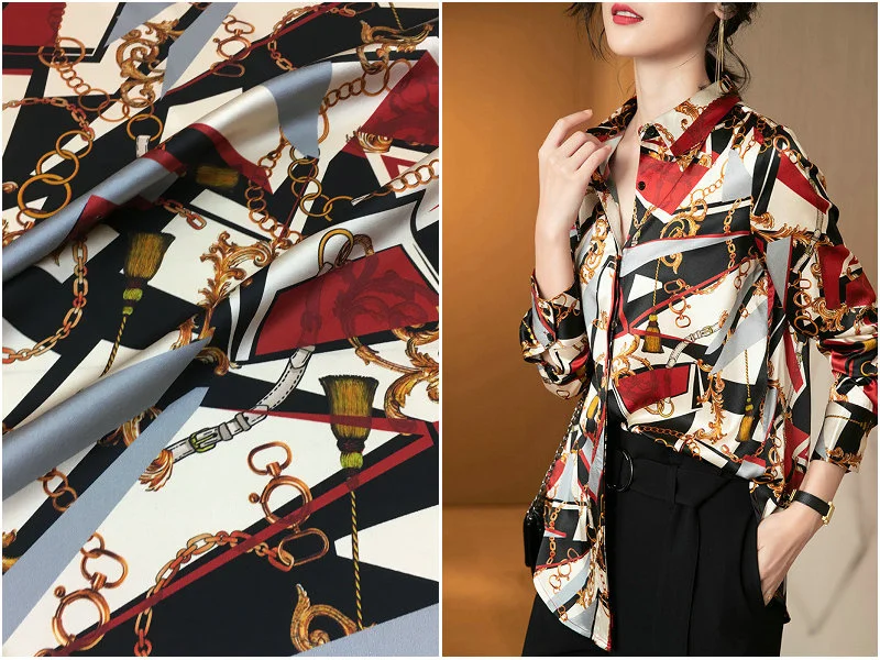 

Heavyweight Silk Fabric Brand Chain Contrast Color Geometric Print 19 Mommy Mulberry Silk Satin Fabric Printed Designer Sewing
