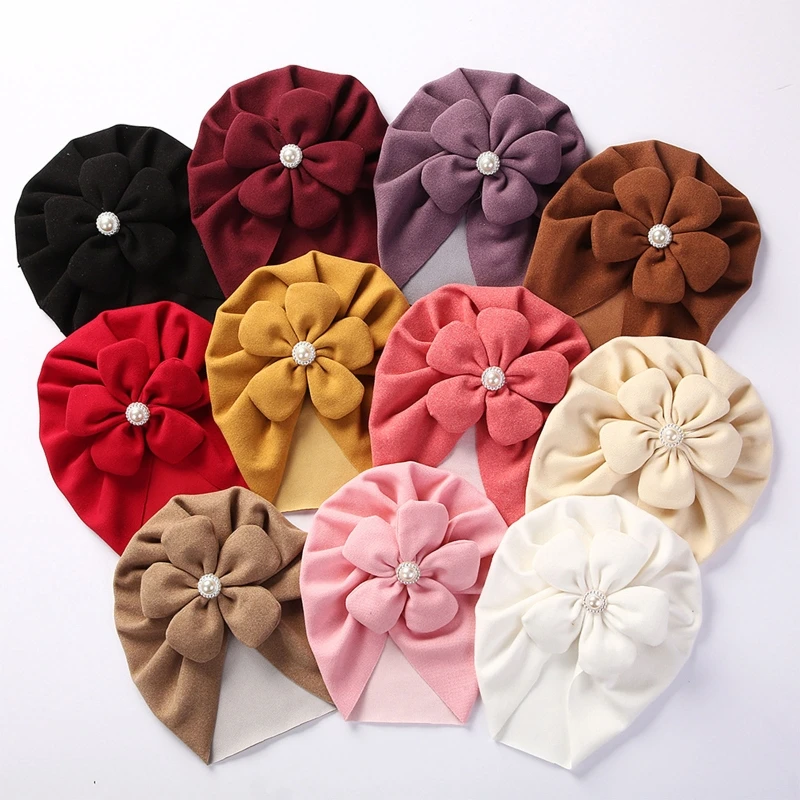Soft Baby Turban Hat Solid Color Big Flower Pearl Baby Girls Hat Beanie Cap Headwrap Kids Warm Indian Hat Hair Accessories