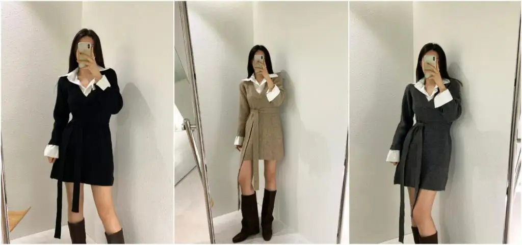 Korean Chic Mini Dresses Women Turn-down Collar Long Sleeve Shirt Patchwork Autumn Winter Knitted Dress Casual Fashion Vestidos