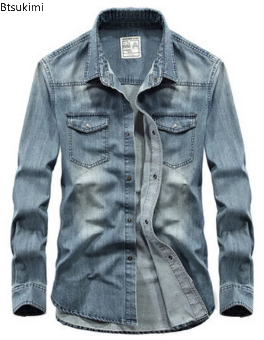 Men's Denim Jeans Shirt Long Sleeve 100% Cotton Casual Jean Shirt Top Male Shirts Plus Size 4XL
