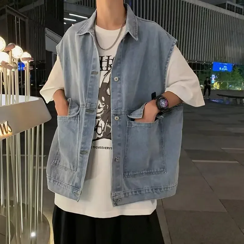 

Oversized Blue Denim Vest Men 2022 Vintage LOOSE Korean Sleeveless Basic HarajukuTank Top Jeans Jacket