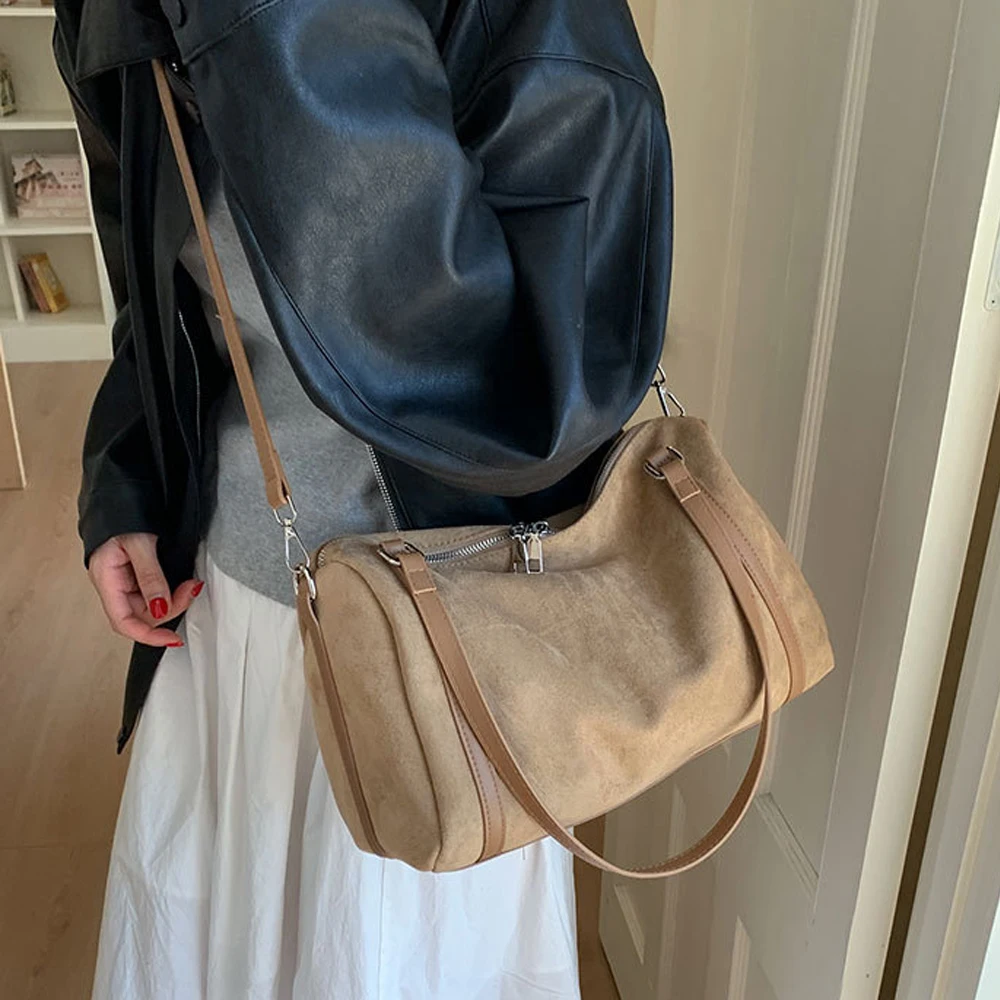 Women Suede Tote Handbag Soft Matte Top-Handle Bag Boston Shoulder Bag Large Capacity Crossbody Bags Vintage Pillow Square Bag