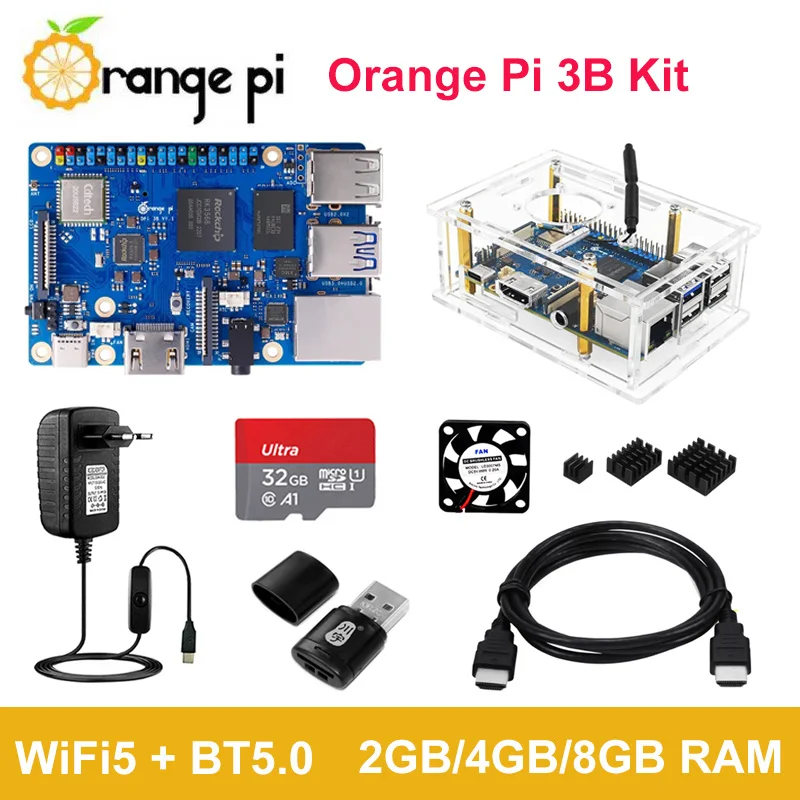 

Orange Pi 3B Starter Kit 2GB 4GB 8GB RAM Board With Acrylic Case Cooling Fan Heatsink Power Supply Adapter HDMI-compatible Cable