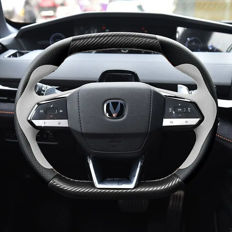 

Carbon Fiber Leather for Changan CS55 PLUS UNIV UNIT UNIK Hand Sewing Car Steering Wheel Cover Protective Car Accessories Black