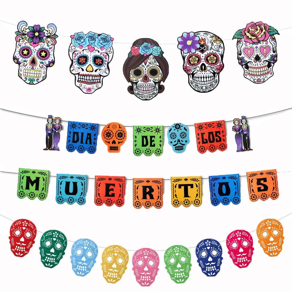 Mexican-Theme-Skull-Pattern-Carnival-Queue-Party-Decor-Skull-Banner-Photo-Booth-Props-Felt-Flag ...