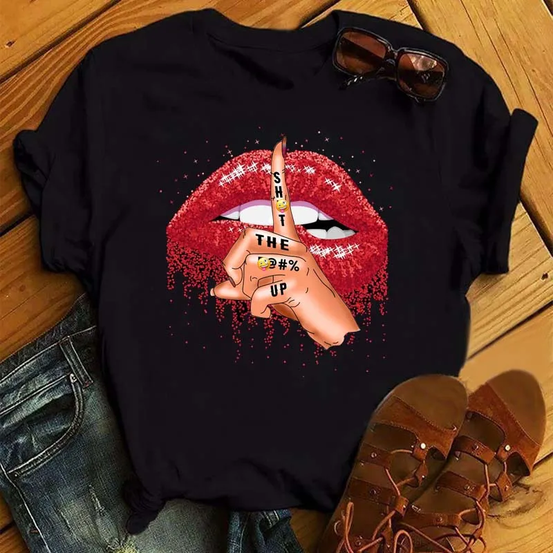 Women Summer Short Sleeve Tshirts Fashion Red Lips Finger Print Ladies T-shirts Top Cartoon Womens Graphic Tees T-Shirts S967a94eb03b34a81b8417a127187524bj