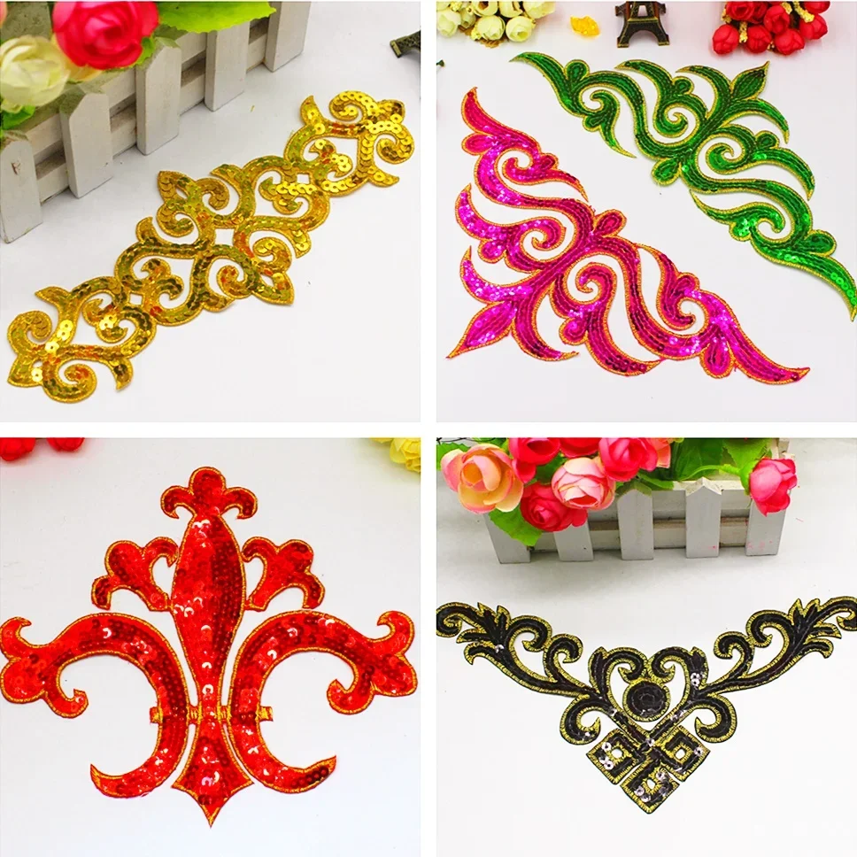 1 Piece Gold Sequined Appliques Iron On Embroidered Patches Cosplay Costumes Trims Garments Budges Performance Trim sequined patches