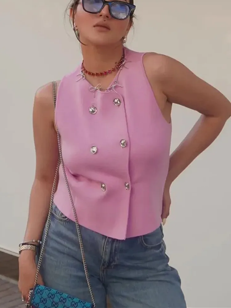 TRAF Knit Sleeveless Vest Woman Fashion Pink Knitted Cropped Vest Female 2024 Double Breasted Summer Top New In Short Coats 2
