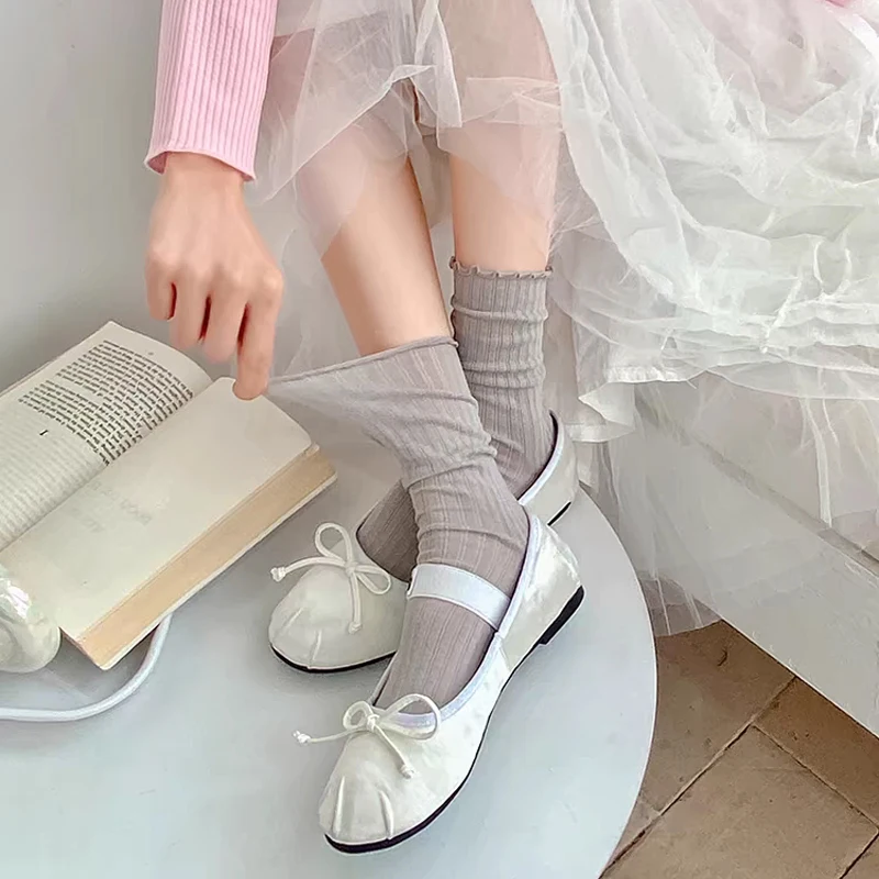 여성용 발레 스타일 중간 튜브 양말, 하라주쿠 프릴 스트리트웨어, 줄무늬, 느슨한 긴 양말, 로리타 양말, 달콤한 얇은 파일 삭스
