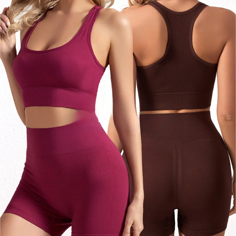 Solid Color Work Back Seamless Knitting Bra Belly Compression Shorts Sports Running Fitness Yoga 2 Piece Set yoga set,sports set,gym workout set,sportswear set,fitness set,sports bra set,sports set shorts