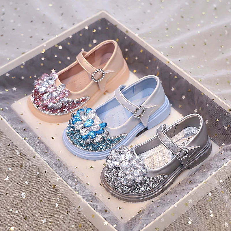 Leather Kids Party Shoes with Rhinestones for Girls