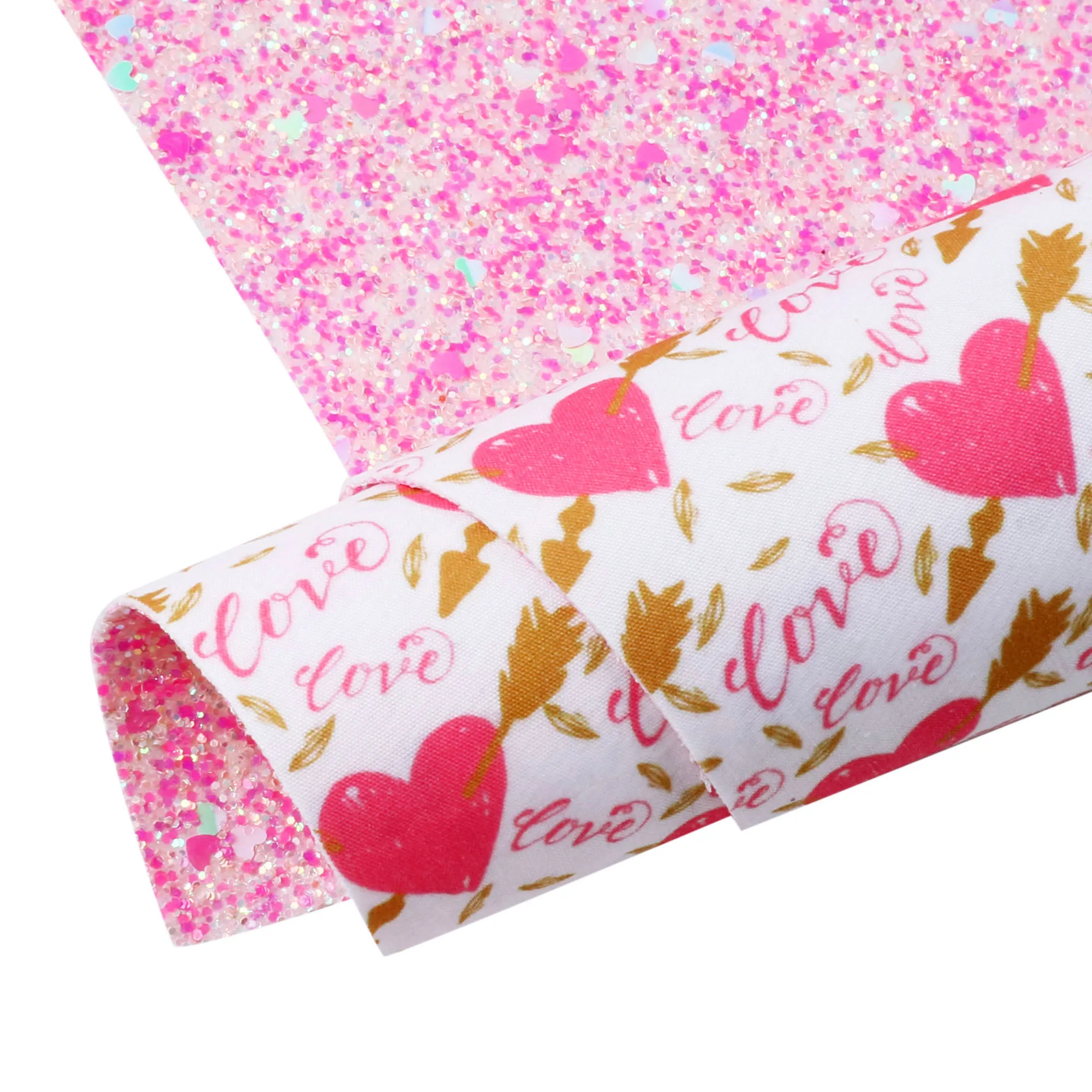 Double Sided Faux Leather Sheets Chunky Glitter Heart Love Printed