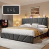 King Size Bed Frame with Velvet Headboard, Platform Bed Featuring Storage Headboard, Charging Station, and LED Lights for Modern 3