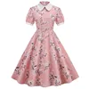 Summer Dress Women Floral Printed Puff Short Sleeve Elegant Peter pan Collar Casual Vintage Retro 50s Midi Party Dress