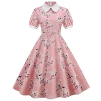 Summer Dress Women Floral Printed Puff Short Sleeve Elegant Peter pan Collar Casual Vintage Retro 50s Midi Party Dress