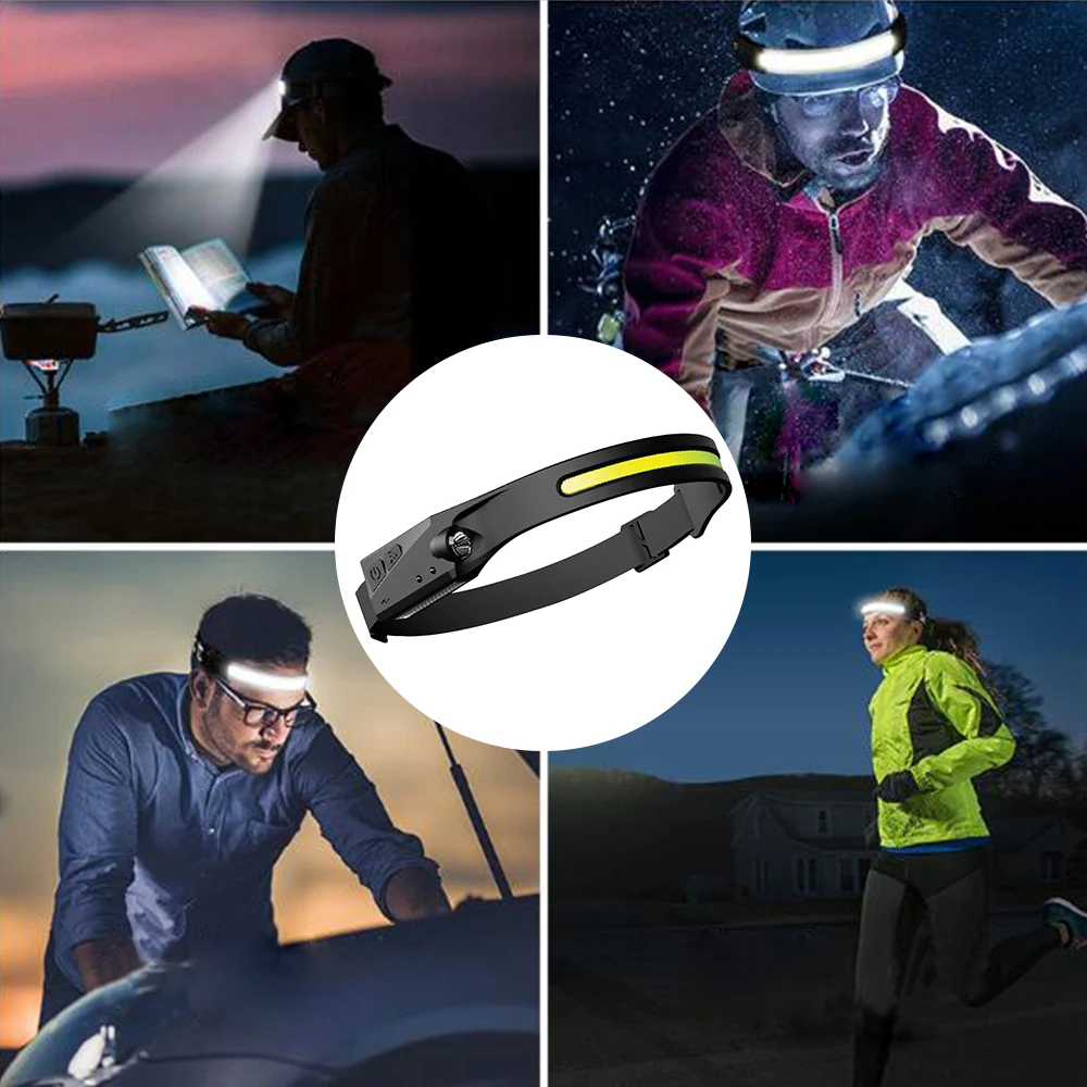 USB 충전식 LED 센서 손전등, XPE + COB 토치, 캠핑 방수 헤드라이트, 낚시 랜턴
