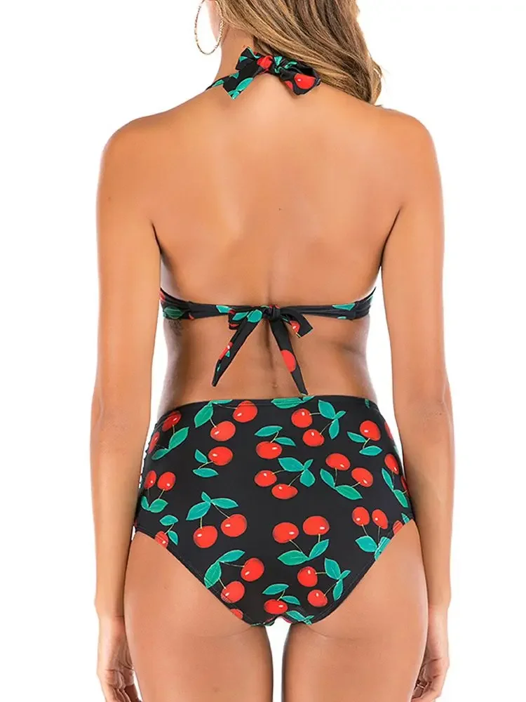 Cherry Print High Waist Bikini 2024 Push Up Swimsuit Women Swimwear Female Halter Bathing Suit Vintage Swimming Suit Biquinis