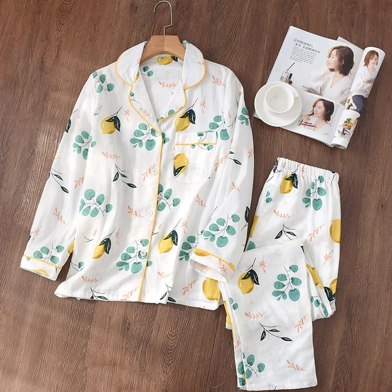 Women Pajamas Set 100% Gauze Cotton Cartoon Avocado Cactus Printed Sleepwear 2Pcs Turn-down Neck Shirt+Pants Comfort Homewear pyjama sets