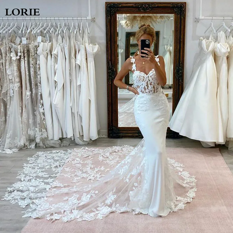 

LORIE Lace Mermaid Wedding Dress Spaghetti Strap Lace Appliques Bride Dresses Puff Tulle Wedding Bridal Gowns 2024