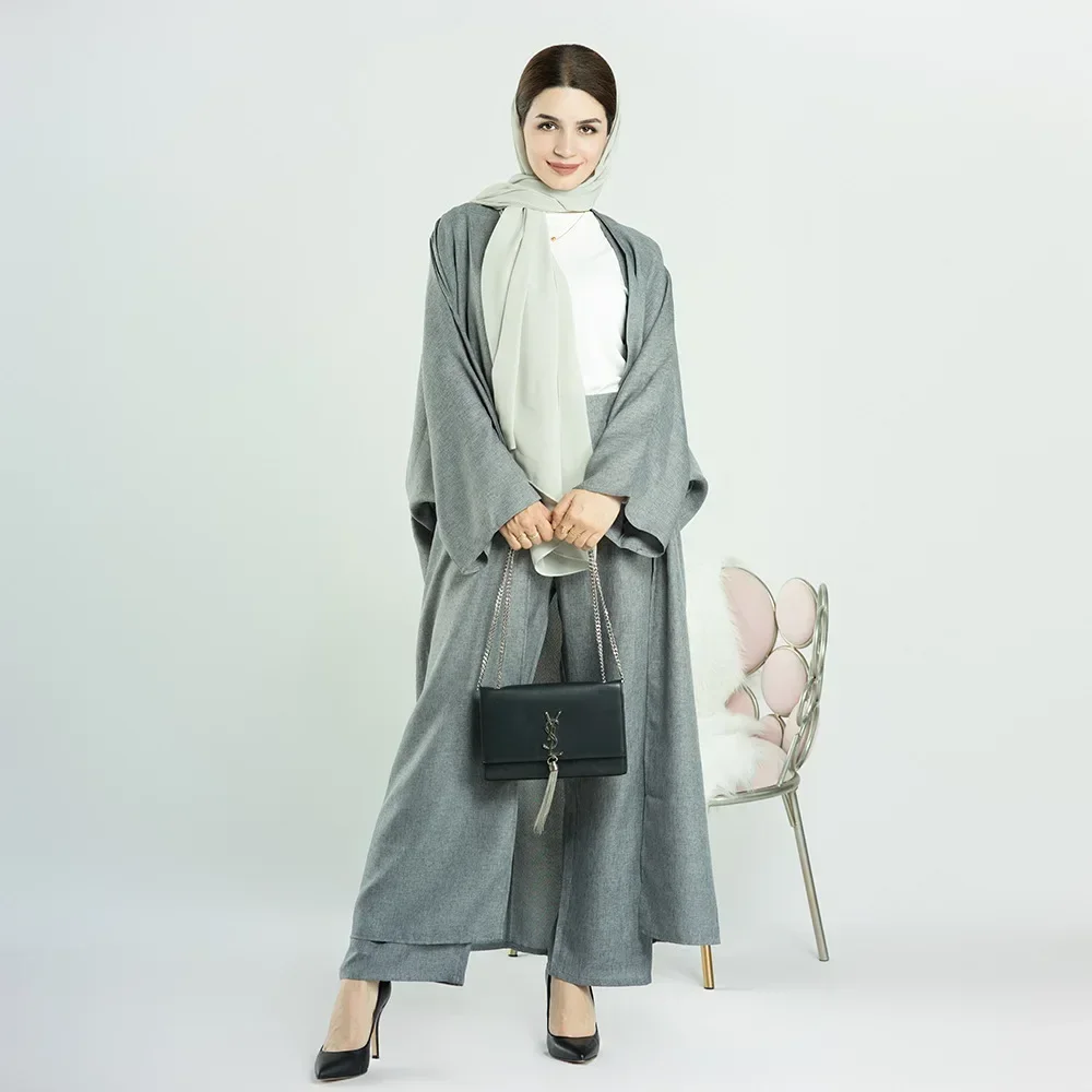 Cotton Linen Kimono Abaya with Pants 2 Piece Matching Muslim Set Abayas for Women Dubai Turkey Kaftan Robe Modest Islamic Outfit