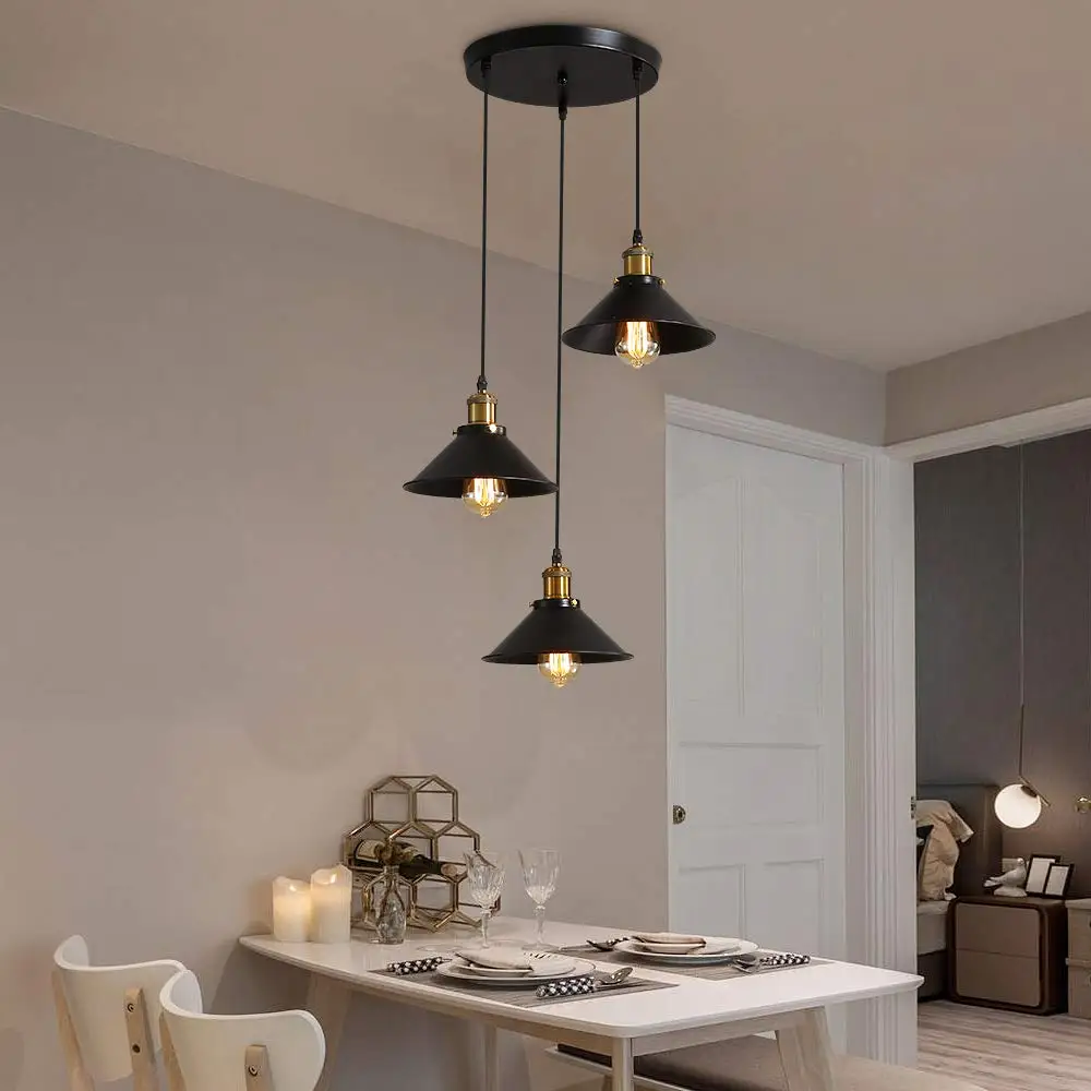 3 Lights Vintage Industrial Pendant Light, Metal Edison Design,Black Metal Hanging Chandeliers,E27 Ceiling Lighting for Kitchen