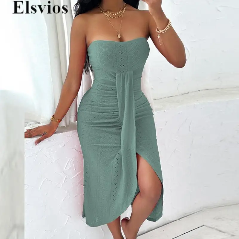

Summer Elegant Solid Color Mid Split Party Dress Sexy Female Tie-up Wrap Dresses 2024 Women Backless Tube Tops Club Long Dress
