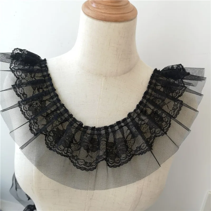 Lace Fabric 8cm Wide Black And White Mesh Sequin Tulle Embroidery Double Laminated Wrinkle Lace Trim Applique Fabric Ribbon