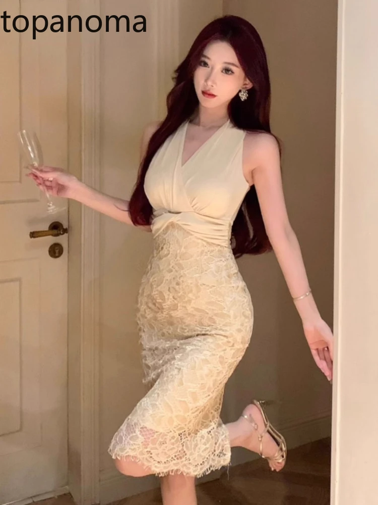 

Topanoma Evening Dresses Women Lace Patchwork Sleeveless V Neck Split Slim Cocktail Dress Elegant Wedding Party Celebrity Chic
