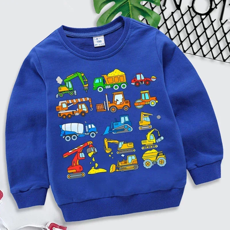 Kids Sweatshirts Excavator Print Hoodies Boys Girls Cartoon Waterwheel & Bulldozer Sweatshirts Children Clothing