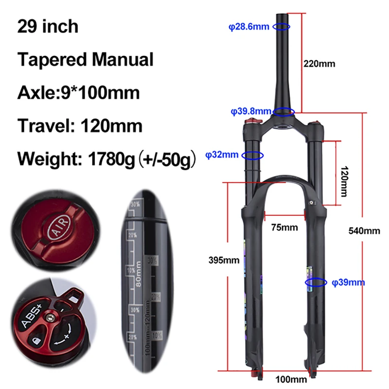 Fourche Suspension VTT Pneumatique 29" - Course 120mm, Tube Droit, Blocable - Neuf Garantie 2 Ans