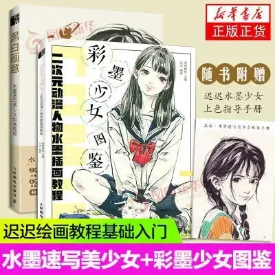 

1 Book Color Ink Girl Anime Character Ink Painting Book + Black and White Ink Beautiful Girl Sketching Tutorial Art Book