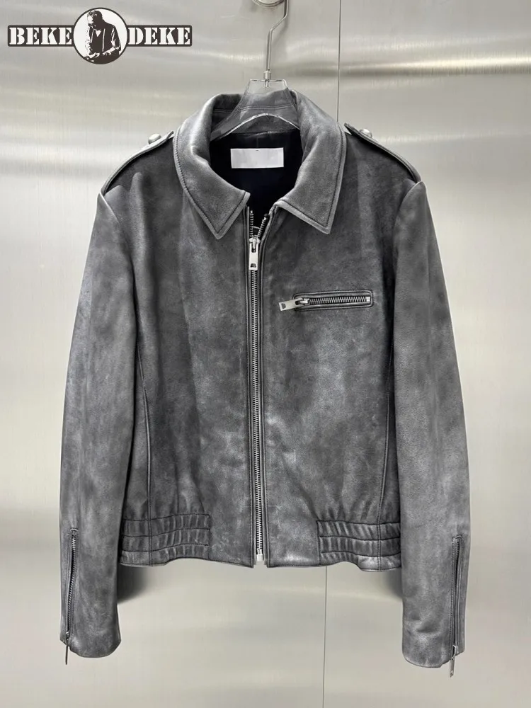 Runway Designer Women Vintage Real Cowhide Jacket Motorycle Biker Genuine Leather Coat Luxury Autumn Winter Natural Leather Coat