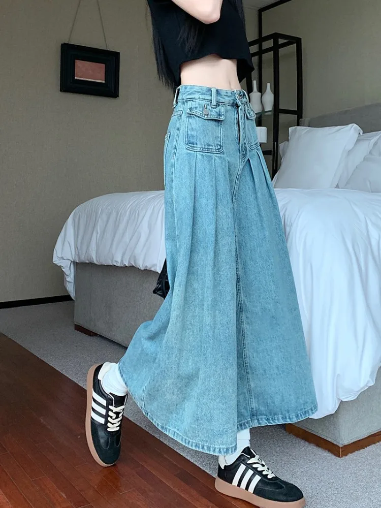 早期完売★LOW CLASSIC★DOUBLE WAIST LONG SKIRT スカートBlue Women's Juniors Denim Long Flare Bottom Tiered Maxi Skirt in