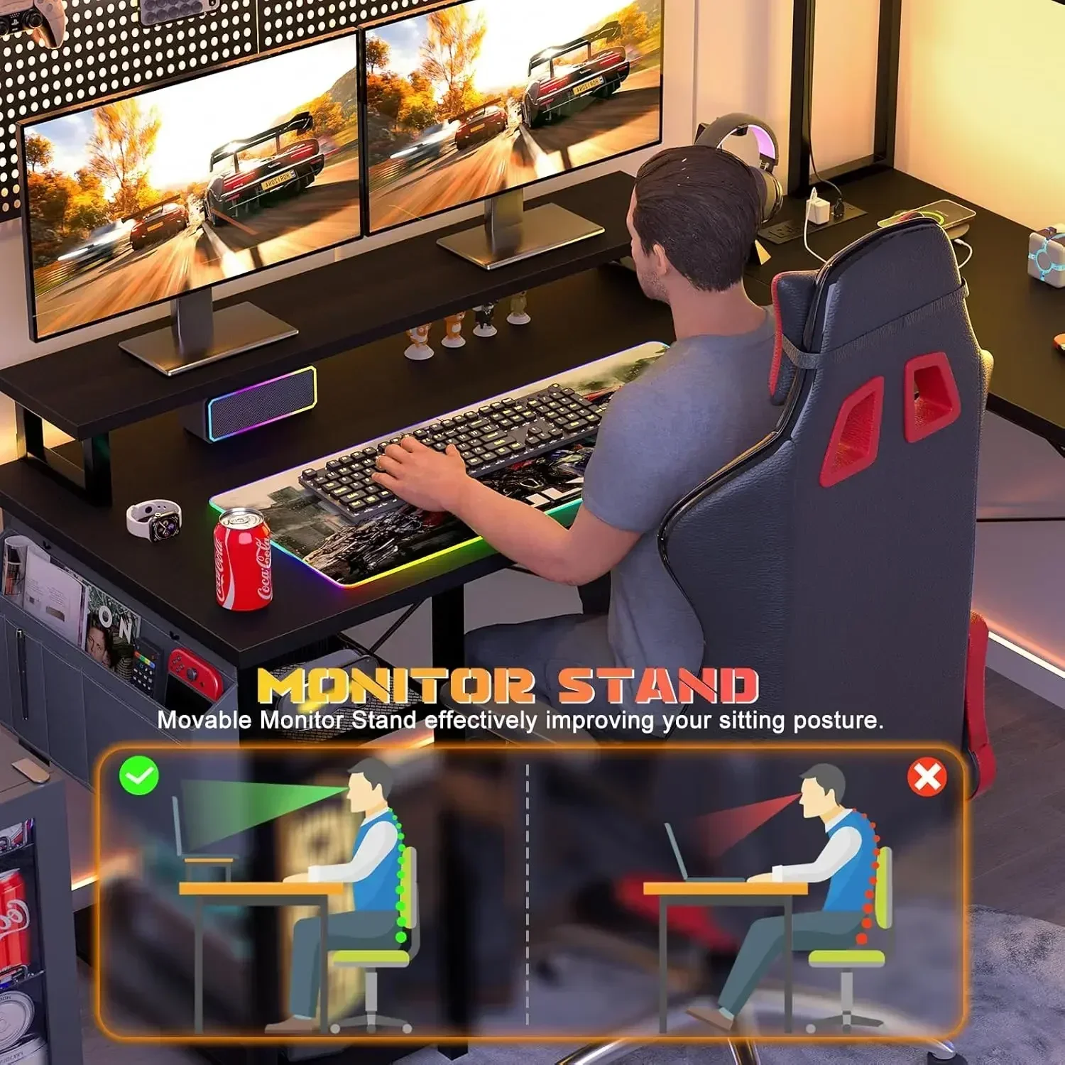 New2025-Small L Shaped Gaming Desk with LED Lights & Power Outlets, Reversible L-Shaped Computer Desk with Monitor Stand & Stora