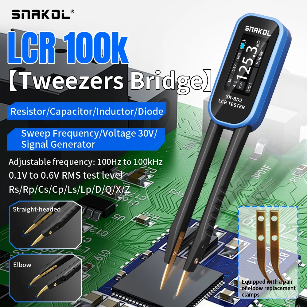 SNAKOL Smart Tweezer LCR Digital Bridge Tester BD2, one key measurement resistance capacitance inductance diodes voltage measurement tools