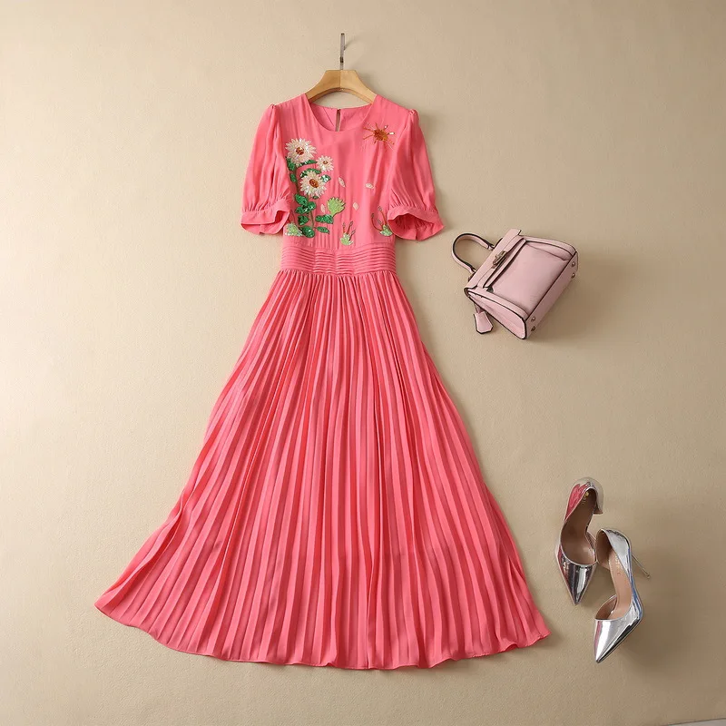 

European and American women's clothing for autumn/Winter 2022 Short-sleeved heavy sequined flowers Fashion pleated dress