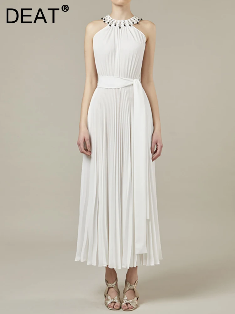 

DEAT Women's Fashion Evening Dress O-neck Sleeveless Chiffon High Waist Pleated Female Party Dresses Summer 2024 New 13DB2537