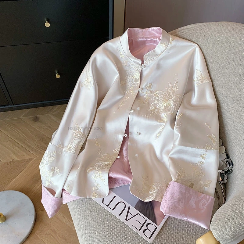 Chinese Style Tang Suit Top Embroidered Satin Stand Collar Jacket Women Spring Retro Zen Thin Top