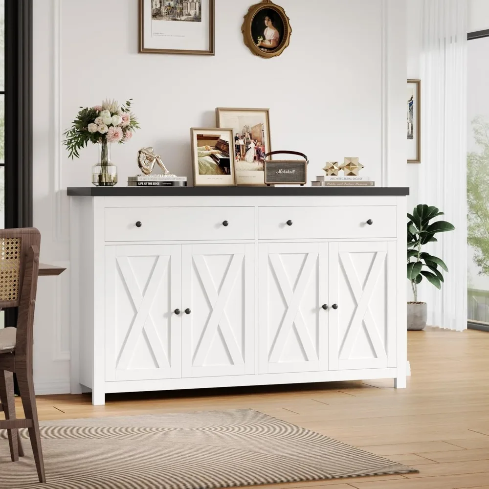 Sideboard with locker, 55 inch large kitchen storage cabinet with 2 drawers, 4 doors, wooden coffee bar cabinet buffet table